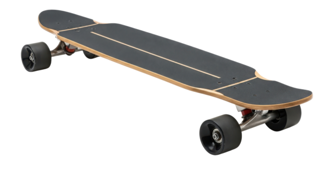 New Wooden Longboard Skateboard with Black Grip Tape and Wheels isolated on Transparent Background