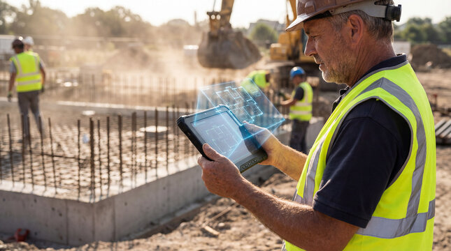 Construction Foreman Using AR Tablet to Overlay Holographic Blueprints on Building Foundation (Augmented Reality on Site)