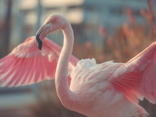 Elegant pink flamingo captured with outstretched wings in soft natural light, showcasing its vibrant plumage and graceful form in a serene outdoor setting.