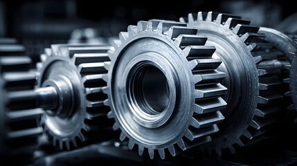 Close up of heavy duty industrial metal gears in a machine gearbox.