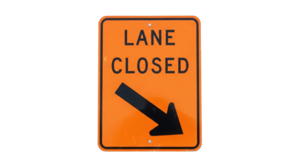 Isolated Orange Square Construction Traffic Sign "LANE CLOSED" with Diagonal Down Arrow isolated on Transparent Background