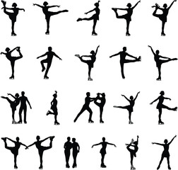 Elegant collection of figure skating silhouette poses showcasing balance, flexibility, dance movement, athletic performance, partner choreography, and graceful ice skating artistry