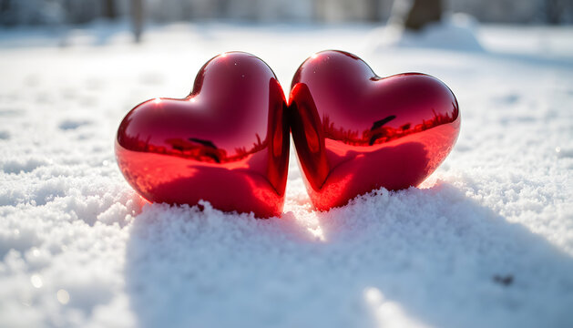 Two red hearts in the snow, a romantic winter scene for Valentine's Day
