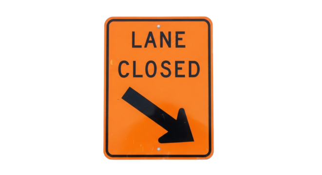 Isolated Orange Square Construction Traffic Sign "LANE CLOSED" with Diagonal Down Arrow isolated on Transparent Background