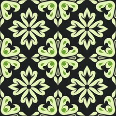 Elegant floral damask pattern in light green on black background creates sophisticated symmetrical design for textile, wallpaper, or packaging.