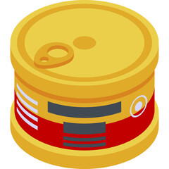 Isometric golden metal food can with red and white label details isolated on white background