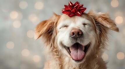 Happy golden retriever dog with red gift bow on head against bokeh background, smiling with tongue out during holiday season.