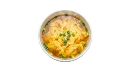 Top View of Traditional Chinese Egg Drop Soup with Green Onions isolated on Transparent Background