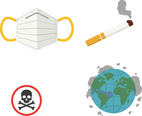 Pollution and health hazard cartoon vector set, face mask, cigarette, toxic warning, Earth with smoke, flat illustration