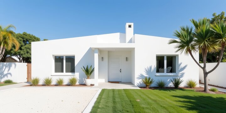Modern white house with landscaped yard and palm trees under a clear blue sky.