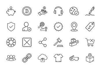 E-commerce, finance, and business line icon set. Vector pictograms of piggy bank, bitcoin, shopping cart, location, price tag, headphones, tracking, and shield, thin illustration.