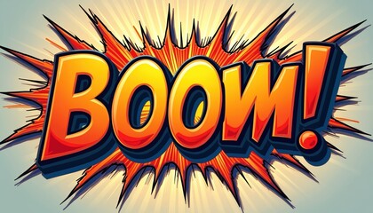Comic book style explosion effect with bold orange word BOOM. Dynamic bursts of red and yellow light emanate outwards. Bright energy blasts appear behind text.