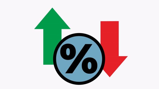 Upward arrow, downward arrow, and percent sign. Suitable for financial, business, and stock market concepts. Business growth symbols, financial data comparison, stock market analysis.