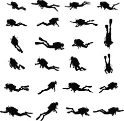 Dynamic scuba diver silhouette collection featuring various underwater swimming poses, perfect for marine exploration themes, adventure graphics, ocean sports designs, and vector illustrations