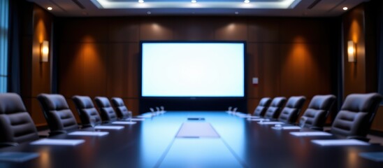Modern conference room with a long table and multiple chairs, featuring a large screen.