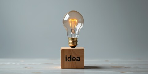 Light bulb on a wooden block labeled "idea," symbolizing creativity and innovation.