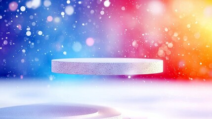 A white, textured circular podium floats in the center of the frame against a vibrant, blurred background of blue, pink, and orange hues with bokeh effects and