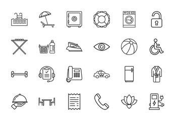 Fototapeta premium Hotel amenities line icon set. Vector pictograms of pool, umbrella, safe, washing machine, taxi, food tray, and charging station, thin linear illustration.