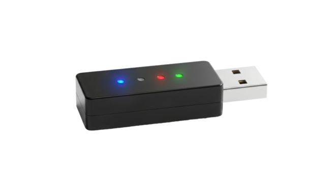 Black USB Adapter Product Shot with Illuminated LED Indicator Lights isolated on Transparent Background