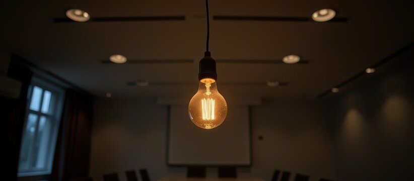 Warm light bulb hanging in a dimly lit conference room.