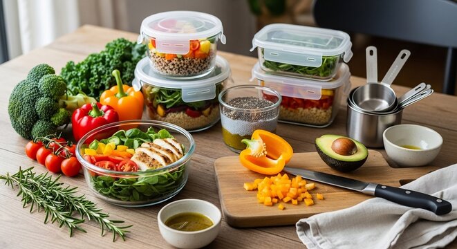 A table with containers of food vegetables and food preparation items