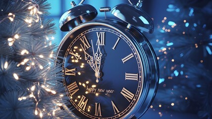 Vintage alarm clock showing midnight, surrounded by sparkling festive lights, symbolizing new years eve countdown