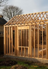 Freshly assembled timber framing skeleton standing ready for sheathing and roofing materials in a domestic backyard setting ,floor ,dimensional lumber ,lumber