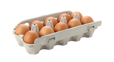 Full brown chicken eggs in an open recycled gray cardboard carton isolated on Transparent Background