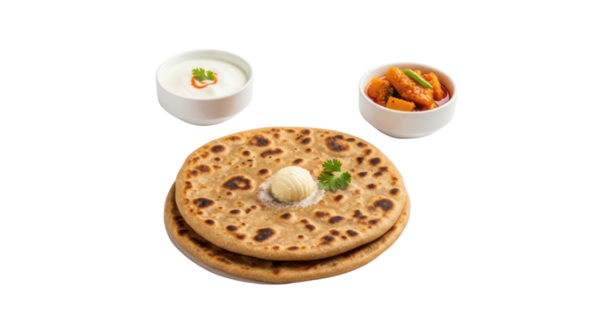 Traditional Indian Aloo Paratha Stack with Butter, Curd, and Spicy Side Dish. isolated on Transparent Background