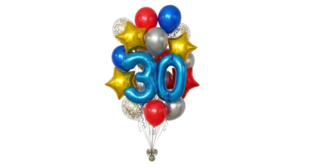Isolated Colorful Balloon Bouquet Decoration with Blue Foil Number 30 for Birthday isolated on Transparent Background