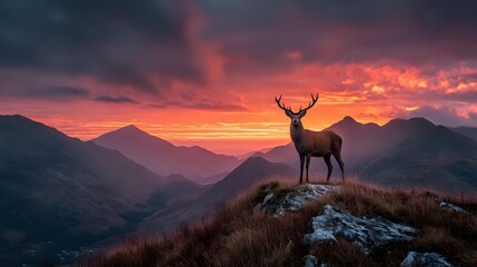 Majestic stag standing on mountain peak against dramatic sunset sky with vibrant orange and purple clouds over mountain silhouettes.