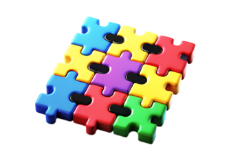 Colorful interlocking puzzle pieces forming a square isolated on white background