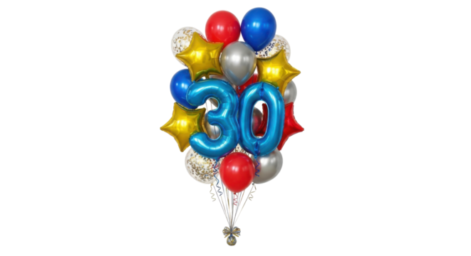 Isolated Colorful Balloon Bouquet Decoration with Blue Foil Number 30 for Birthday isolated on Transparent Background