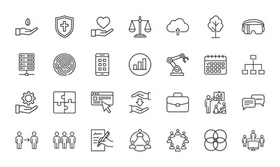 Business, technology, and general concepts line icon set. Vector pictograms of servers, smartphones, scales, gears, networking, and sustainability, thin linear illustration.