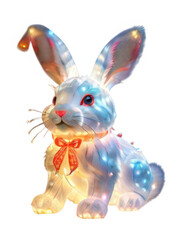 Fototapeta premium Bright bunny figure with illuminated fur, red bow, and sparkling accents, ideal for winter and Christmas content.
