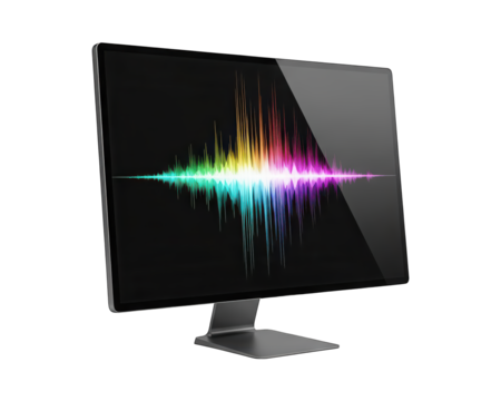 Modern display device shows vibrant spectrum sound wave visualization against a dark background