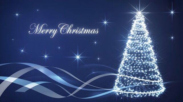 A sparkling blue christmas tree made of lights with merry christmas text and abstract wavy lines on a dark blue background