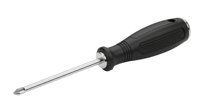 Black Handle Phillips Head Screwdriver Tool Product Shot for Hardware and Repair isolated on Transparent Background