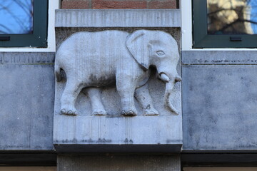 Sculpted Elephant Decoration on a Keizersgracht Canal Building Facade in Amsterdam, Netherlands