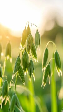 Close up of green oat plant heads with sunlight, revealing natural details and textures on field, promising harvest and healthy growth