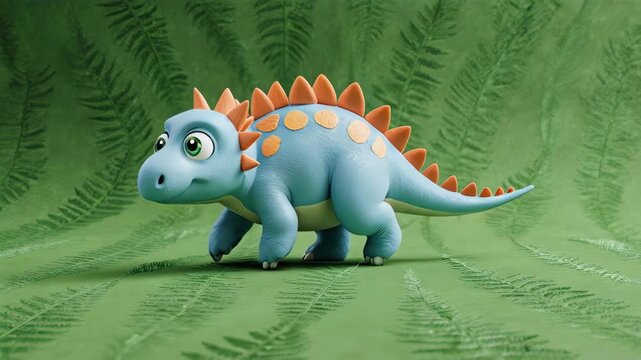 A friendly blue dinosaur stands on a green, textured surface