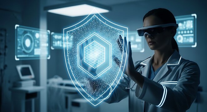Medical Professional in AR Glasses Interacting with Holographic Security Shield in Futuristic Hospital Setting, Highlighting Data Protection & Inno...