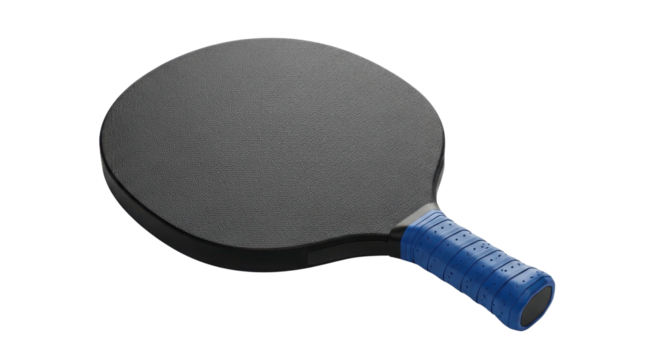 Black Pickleball Paddle with Blue Textured Handle Grip Product Shot isolated on Transparent Background