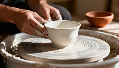 A potter's hands shape a white clay bowl on a spinning pottery wheel. An artisan creating handmade ceramics in a workshop. Traditional craft and hobby concept