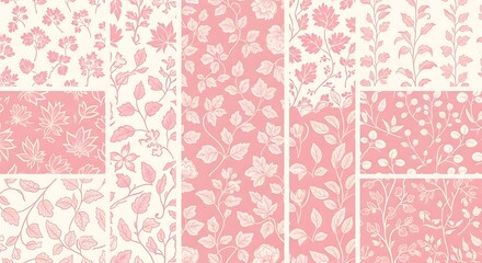 Collection of delicate, repeating floral and leaf patterns in soft pink and cream tones.