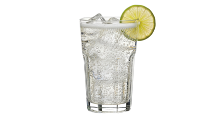 Refreshing clear carbonated drink with ice cubes and fresh lime slice garnish. isolated on Transparent Background