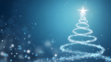 A luminous christmas tree made of sparkling light spirals with a radiant star against a festive blue background