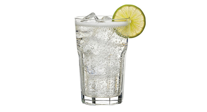 Refreshing clear carbonated drink with ice cubes and fresh lime slice garnish. isolated on Transparent Background