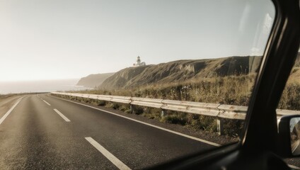 Scenic Coastal Road Trip View from Car Window.