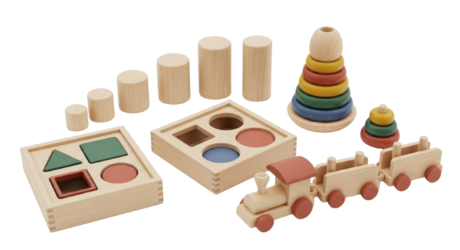 Natural Wooden Educational Toys Set Including Stacking Rings, Shape Sorters, and Train isolated on Transparent Background
